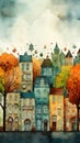 The city\'s buildings, trees, and autumn wind are illustrated beh