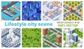 The city's lifestyle scene set illustrations on urban themes with houses, cars, people, trees and parks.