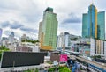 City scape of BTS sky train and view of Asoke intersection Royalty Free Stock Photo