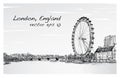 City scape drawing London eye and bridge, river, illustration