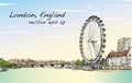 City scape drawing London eye and bridge, river, illustration
