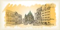 City scape in Germany. Berlin Cathedral. Old building hand drawn