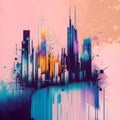 City scape watercolor painting in pink, purple and blue colors. Abstract buildings in city on watercolor painting Royalty Free Stock Photo