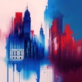 City scape watercolor painting in red, purple and blue colors. Abstract buildings in city on watercolor painting Royalty Free Stock Photo