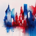 City scape watercolor painting in red, purple and blue colors. Abstract buildings in city on watercolor painting Royalty Free Stock Photo