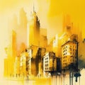 City scape watercolor painting in yellow and grey colors. Abstract buildings in city on watercolor painting Royalty Free Stock Photo