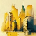 City scape watercolor painting in yellow and grey colors. Abstract buildings in city on watercolor painting Royalty Free Stock Photo