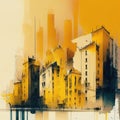 City scape watercolor painting in yellow and grey colors. Abstract buildings in city on watercolor painting Royalty Free Stock Photo