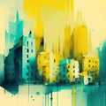 City scape watercolor painting in yellow and teal colors. Abstract buildings in city on watercolor painting Royalty Free Stock Photo