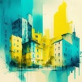 City scape watercolor painting in yellow and teal colors. Abstract buildings in city on watercolor painting Royalty Free Stock Photo