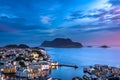 City Scene with Aerial View of Alesund Center, Islands and Atlantic Ocean after Sunset Royalty Free Stock Photo