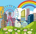 City scene with buildings and ferriswheel