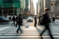 city scene men and women cross road amidst heavy traffic and towering skyscrapers. motion blur