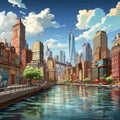 City scene with modern buildings and a river in vivid comic book style Royalty Free Stock Photo