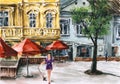 City scene with umbrellas, tree and ancient buildings