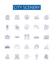 City scenery line icons signs set. Design collection of Urban, Buildings, Streets, Skyscrapers, Night, People, Skyline