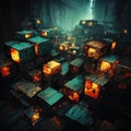 City scenes with stacked crates and glowing lights in intense textures