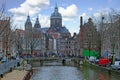 City scenic from Amsterdam in the Netherlands with the Nicolaas church