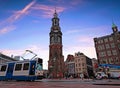 City scenic from Amsterdam in the Netherlands with the Munt tower