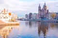 City scenic from Amsterdam with the St. Niklaas church in Ne Royalty Free Stock Photo