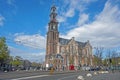 City scenic from  the harbor of Amsterdam with the Westerkerk in the Netherlands Royalty Free Stock Photo