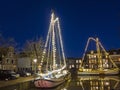 City scenic from Harlingen at night in the Netherlands in christmas time Royalty Free Stock Photo