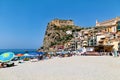 The city of Scilla Calabria Italy. Leisure time at Marina Grande beach in summer and the Ruffo Castle