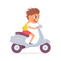 City scooter fun ride for boy, funny cute kid riding motorcycle on street road Royalty Free Stock Photo