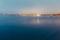 City By The Sea At Sunset In Fog On Background Of Harbor. Evening Landscape. Gelendzhik, Russia