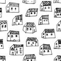 City seamless pattern in black and white is repetitive texture with hand drawn houses. Royalty Free Stock Photo