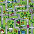 City seamless pattern. Roads, cars, grass areas background