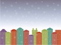 City series background. Colorful buildings, blues cloudy sky, snow, winter in the town, vector