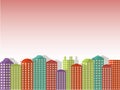 City series background. Colorful buildings, pink bright clear sky, sunset, sunrise, morning, vector