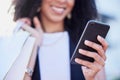 City, shopping and black woman with phone for app, web and internet search, happy and excited for sale. Smartphone, hand Royalty Free Stock Photo