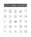 City and shops line icons collection. Urban area, Downtown, Metropolis, Business district, Shopping center, Retail hub