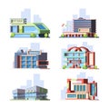 City shops and malls flat vector illustrations set