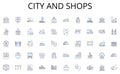 City and shops line icons collection. Health, Relaxation, Balance, Happiness, Satisfaction, Joy, Peace vector and linear