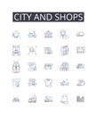 City and shops line icons collection. Urban area, Downtown, Metropolis, Business district, Shopping center, Retail hub