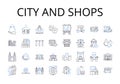 City and shops line icons collection. Urban area, Downtown, Metropolis, Business district, Shopping center, Retail hub