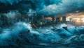 A city is shown in the background with a large wave crashing in front of it by AI generated image Royalty Free Stock Photo