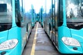 City shuttle buses rank at Frankfurt bus station in Germany, green vehicle public transport concept, transport companies strike, Royalty Free Stock Photo