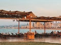 The city of Sidon in Lebanon. Sidon Sea Castle, built by the crusaders - Saida corniche and building. Sidon sea at sunset