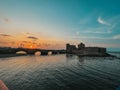 The city of Sidon in Lebanon. Sidon Sea Castle, built by the crusaders - Saida corniche and building. Sidon sea at sunset