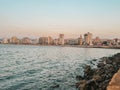 The city of Sidon in Lebanon. Sidon Sea Castle, built by the crusaders - Saida corniche and building. Sidon sea at sunset