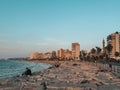 The city of Sidon in Lebanon. Sidon Sea Castle, built by the crusaders - Saida corniche and building. Sidon sea at sunset