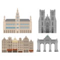 City sights. Brussels architecture landmark. Belgium country flat travel elements. Cathedral of St. Michael and St