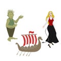 City sights icons. Norway landmark. Flat travel norwegian mythical elements. Viking ship. Girl in Traditional Clothes