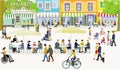 City silhouette with groups of people in leisure time in residential area, restaurants and bistros, illustration