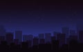 City silhouette night. Dark blue cityscape skyline. Urban view, buildings in the fog. Starry night sky and street