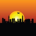 City silhouette with sunshine and plane vector